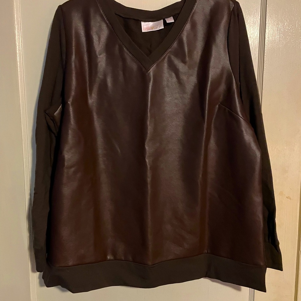 Faux leather front V-neck sweatshirt